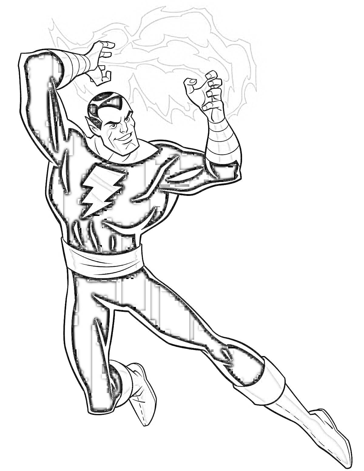 Раскраска Человек в костюме с молнией на груди стоит в боевой позе, с поднятыми руками, из которых выходят электрические разряды.