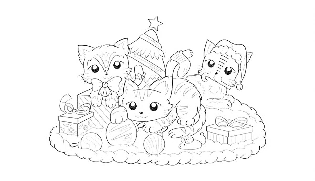 Раскраска Три котёнка на облаке с подарками, ёлочными шарами, в новогодних колпаках и шапке Санты