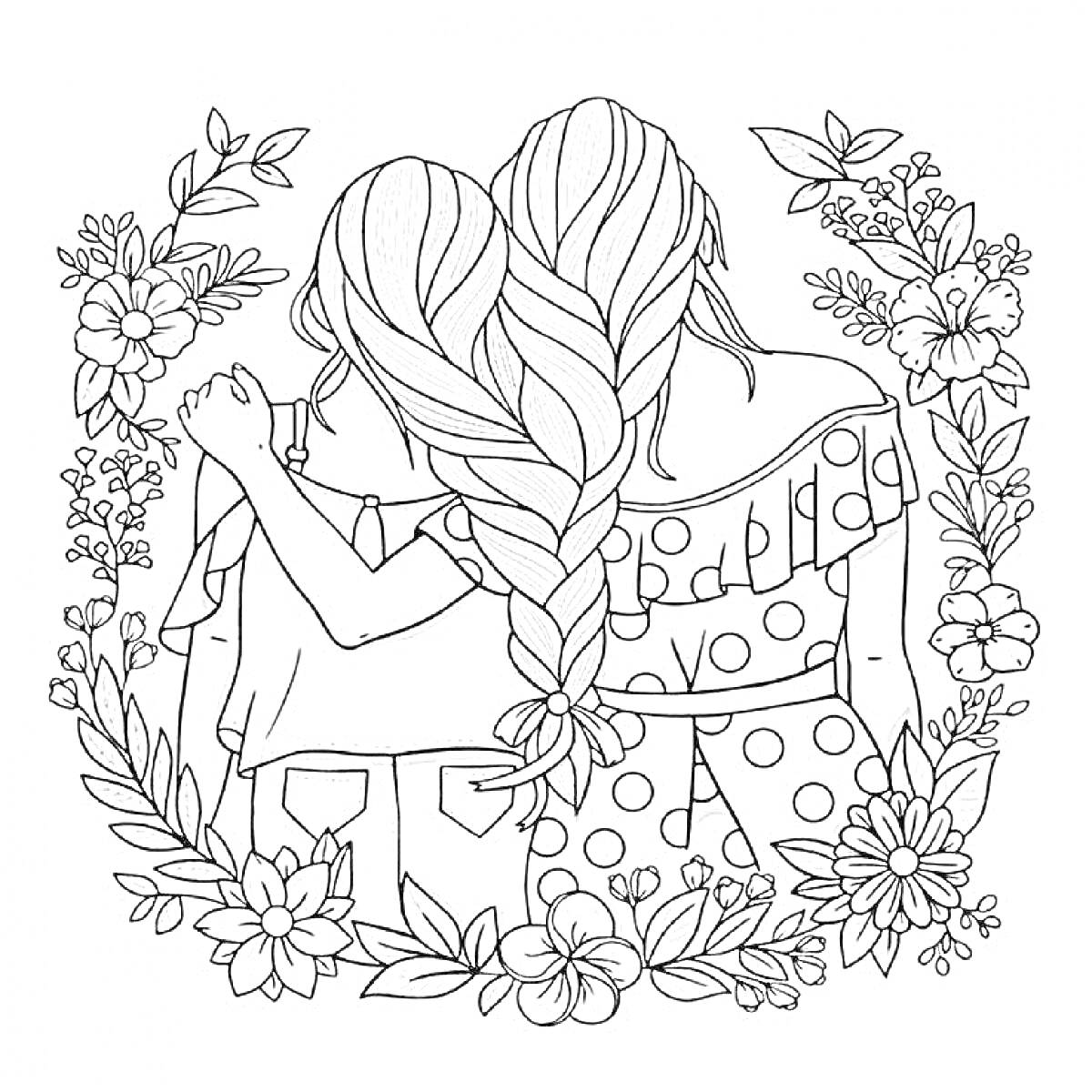 Две девочки с косами, в одежде с воланами, окруженные цветами