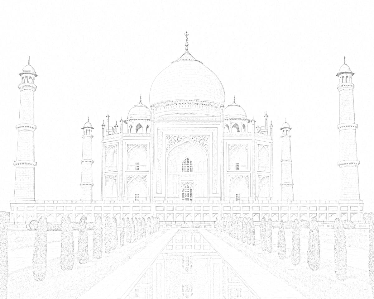 На раскраске изображено: Тадж-Махал, Архитектура, Минареты, Отражение, Бассейн, Сад, Индия