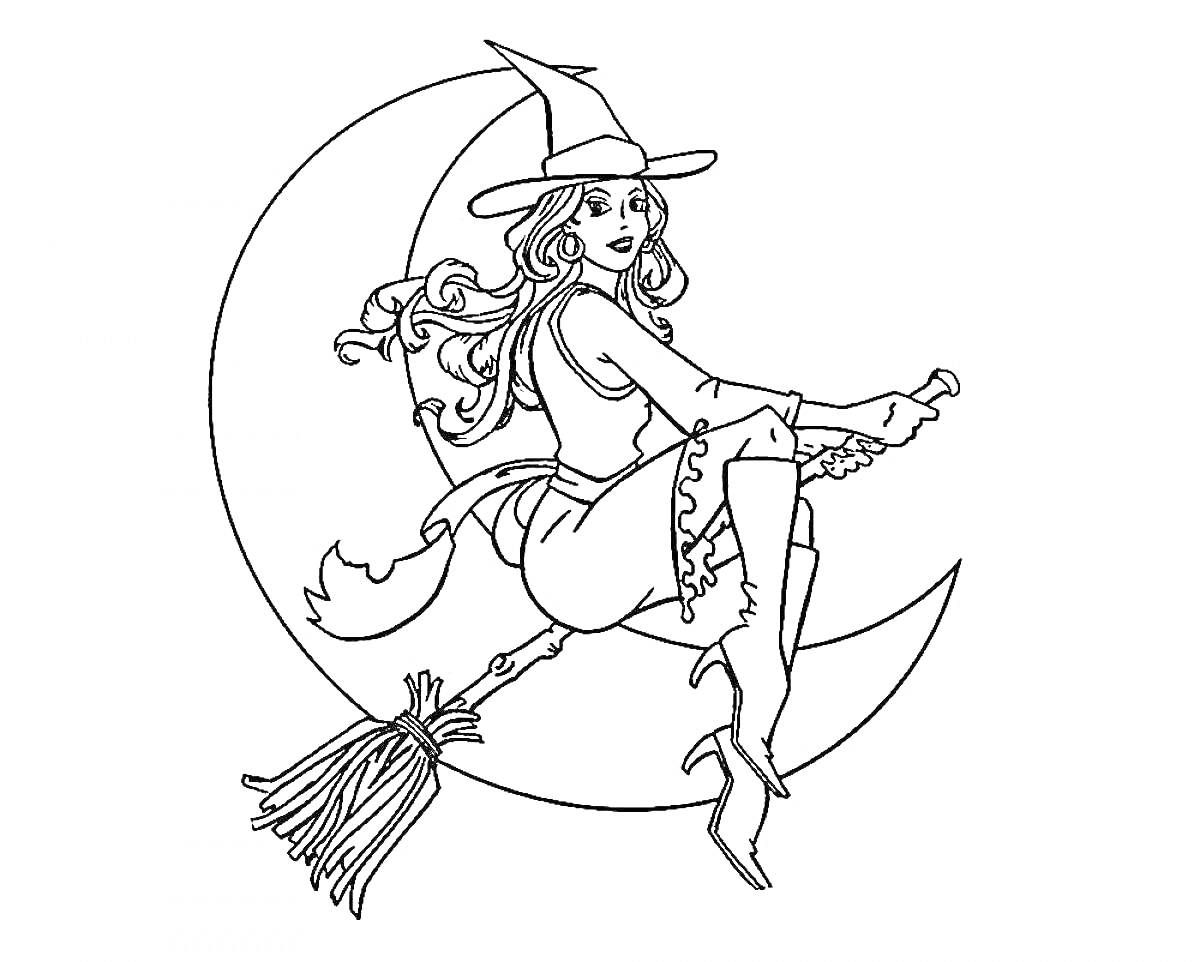 Раскраска Ведьма на метле с луной на заднем плане