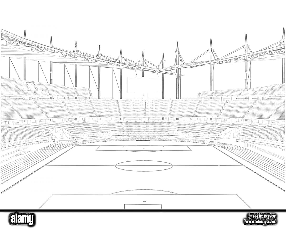 Раскраска Стадион с трибунами, футбольными воротами и табло
