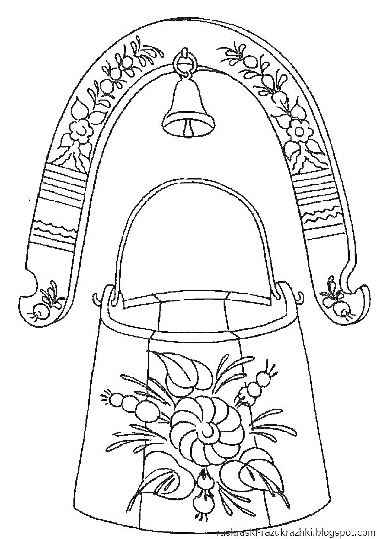 Раскраска Русская расписная деревянная кадушка с цветочным орнаментом и колокольчиком