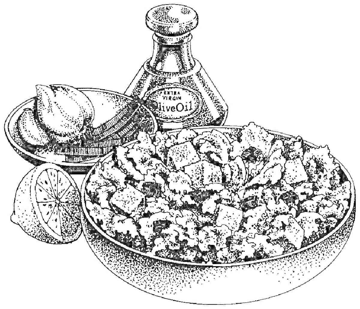 Раскраска Салат Оливье с луком, половинкой лимона и бутылкой оливкового масла