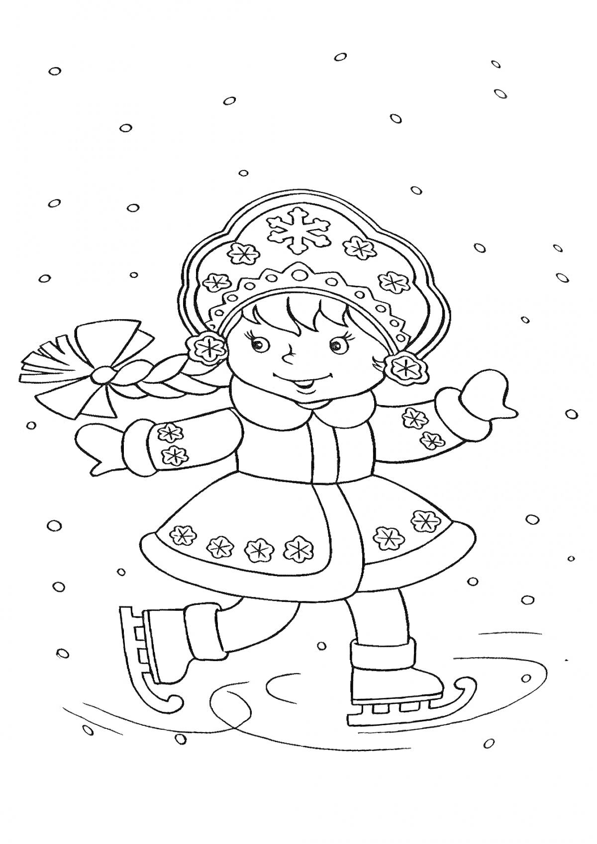 Раскраска Девочка-фигуристка в зимней одежде на льду с куклой в руке, идет снег