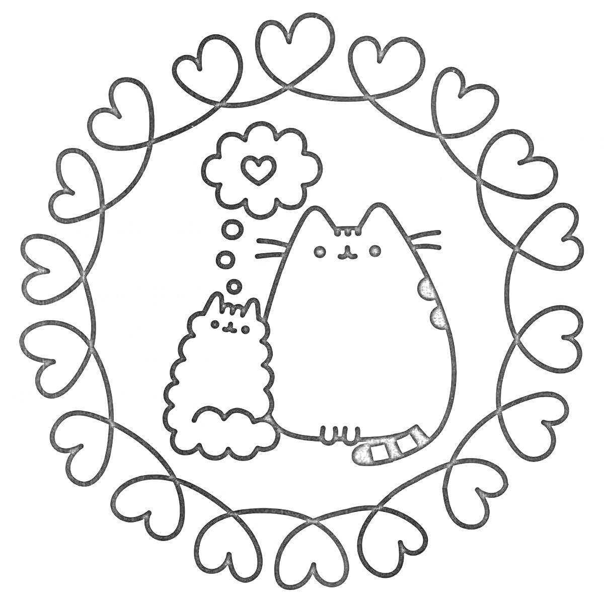 Раскраска Пушин и котенок в обрамлении сердечек, котёнок думает о сердечке