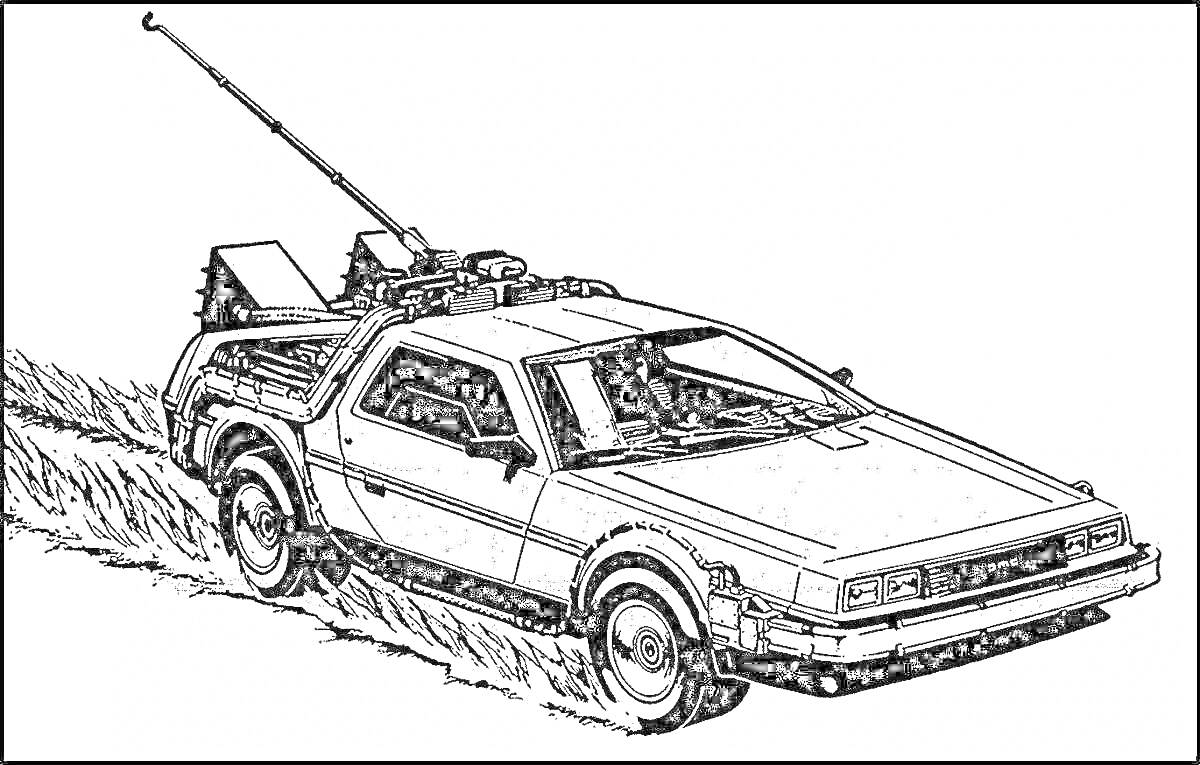 Раскраска Делориан c антеннами и турбинами, едущий по дороге с травой
