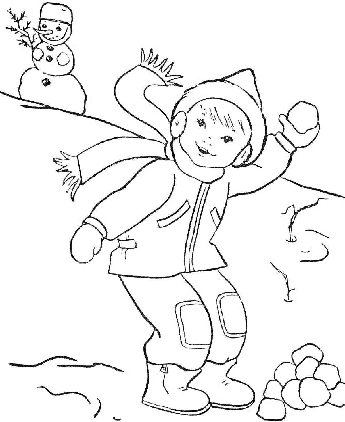 На раскраске изображено: Ребёнок, Зима, Снег, Игра, Снежки, Зимняя одежда, Снеговики