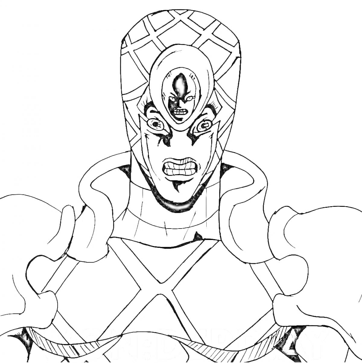 Персонаж из JoJo's Bizarre Adventure в доспехах с выразительным лицом и шлемом с диагональной сеткой