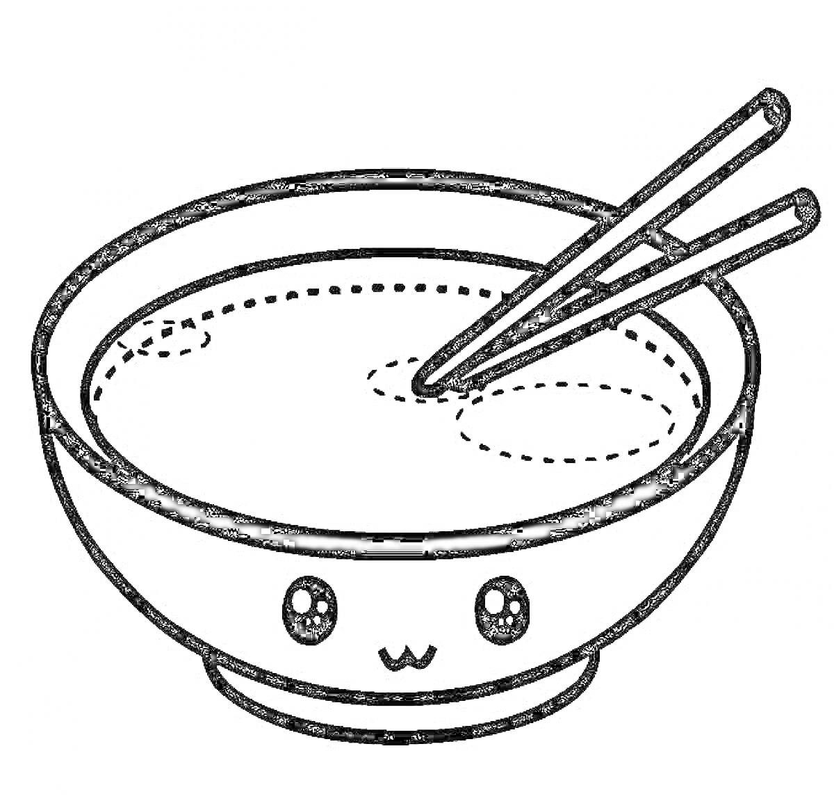 Раскраска Миска супа с палочками и улыбающимся лицом