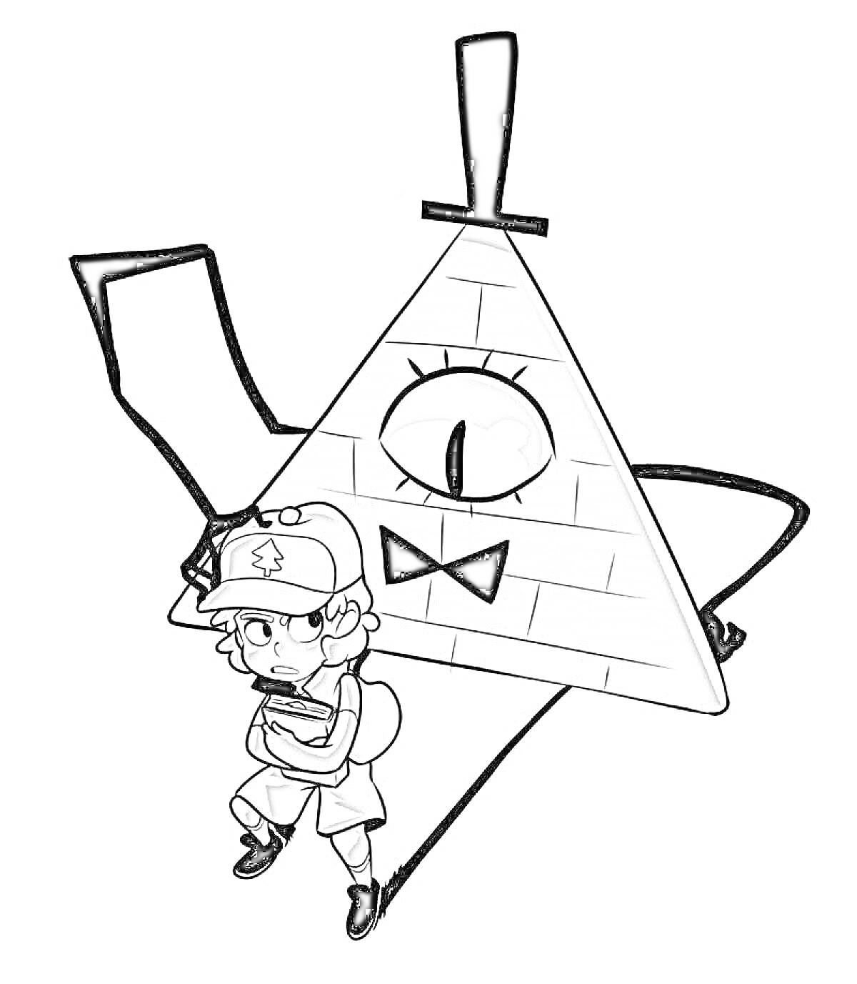 Раскраска Билл Шифр и мальчик с блокнотом на фоне треугольника с глазом, цилиндром и бабочкой
