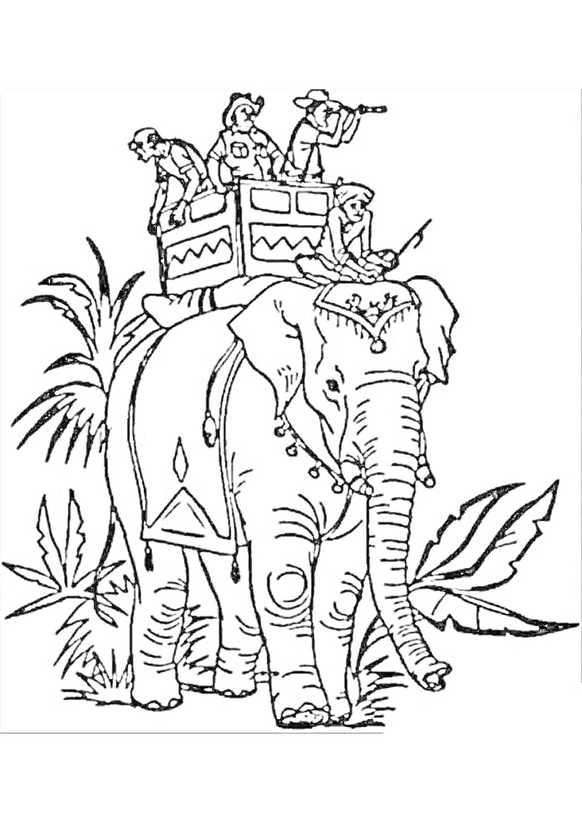 На раскраске изображено: Слон, Индийский слон, Джунгли, Растения, Экзотика, Природа, Наблюдение, Сафари