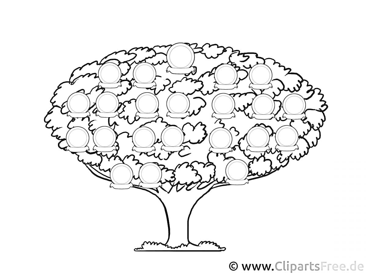 Раскраска Генеалогическое древо с двадцатью рамками для фотографий на дереве