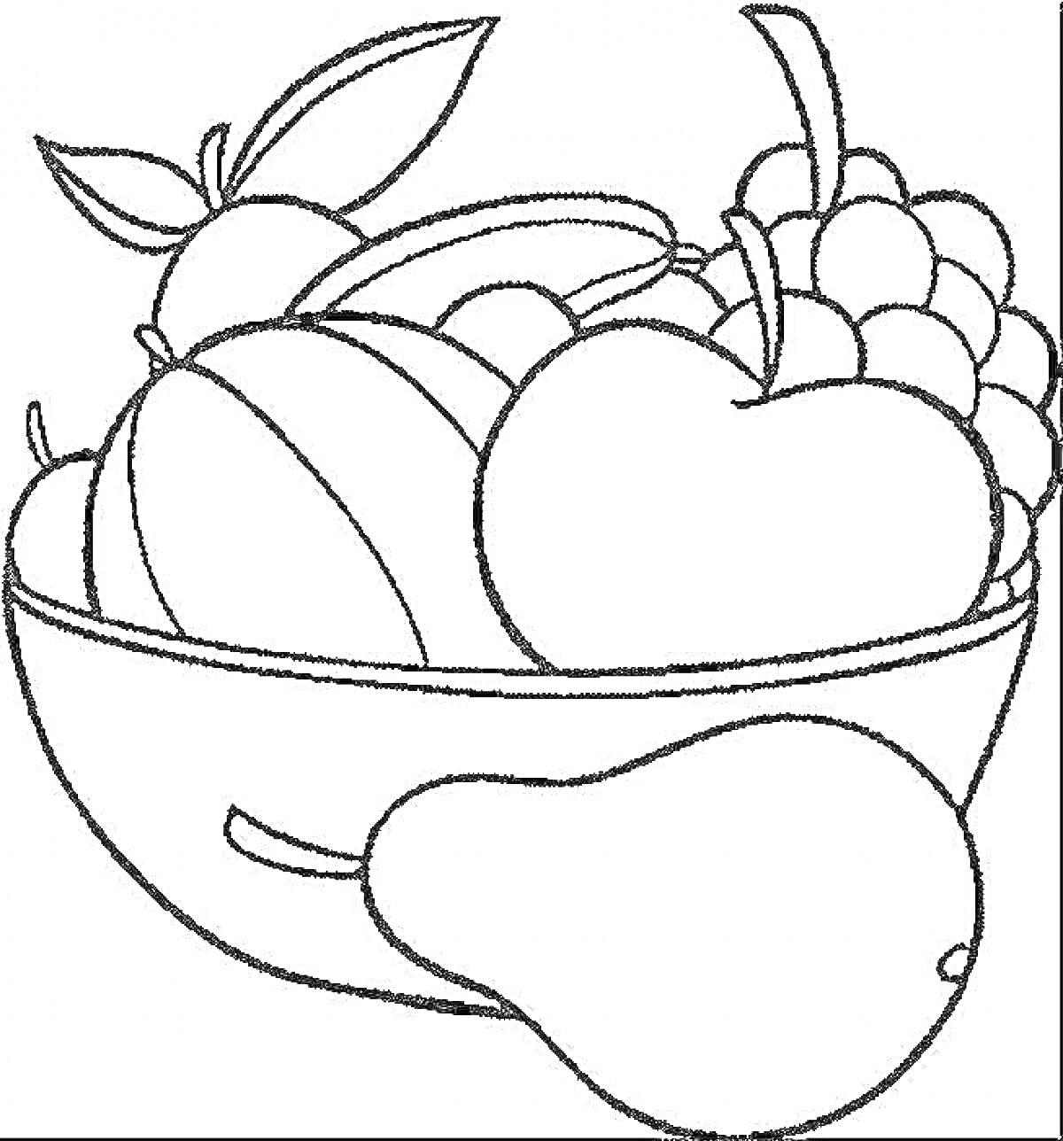 Раскраска Натюрморт с фруктами в вазе (яблоко, груша, виноград, тыква и апельсин в вазе)