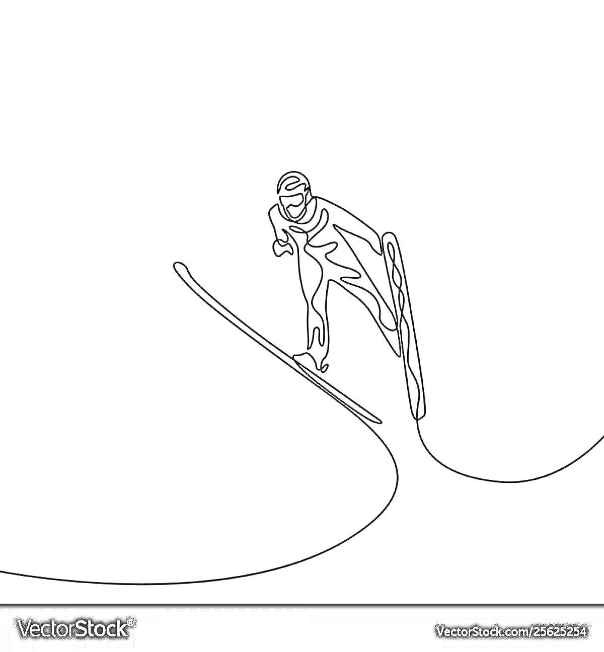 На раскраске изображено: Прыжки с трамплина, Лыжник, Лыжи, Спорт, Зима, Экстремальный спорт