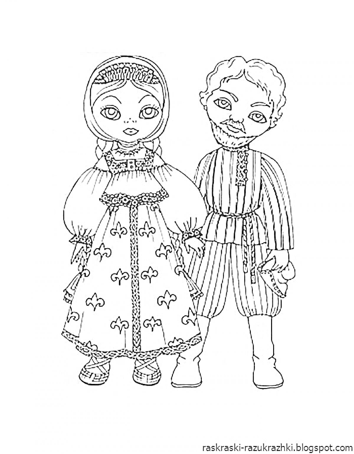 Раскраска Дети в русском народном костюме - девочка в платье с узором, фартуке и головном уборе; мальчик в рубахе с поясом и полосатых штанах