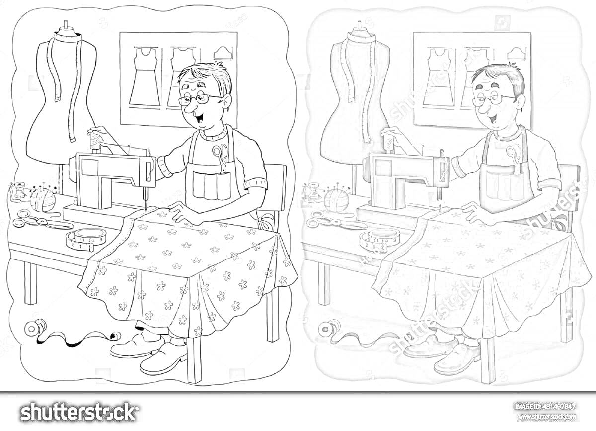Раскраска Швея с швейной машинкой, манекен, ткани, катушки ниток, рояльчик для шитья