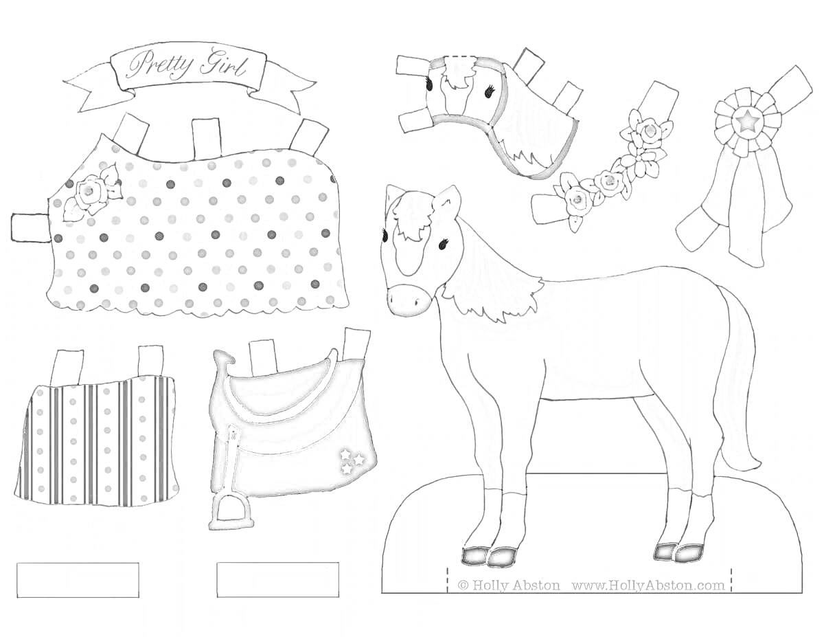 На раскраске изображено: Лошадь, Одежда, Попона, Венок, Лента, Седло