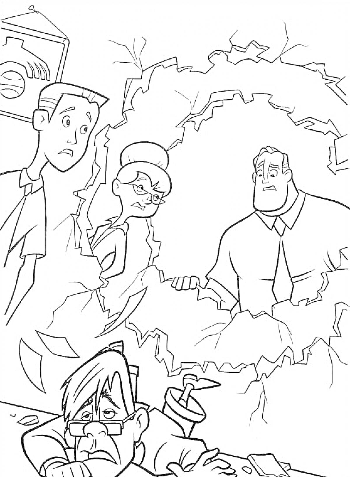 Раскраска Деловой человек в очках за столом и трое супергероев сзади через стену