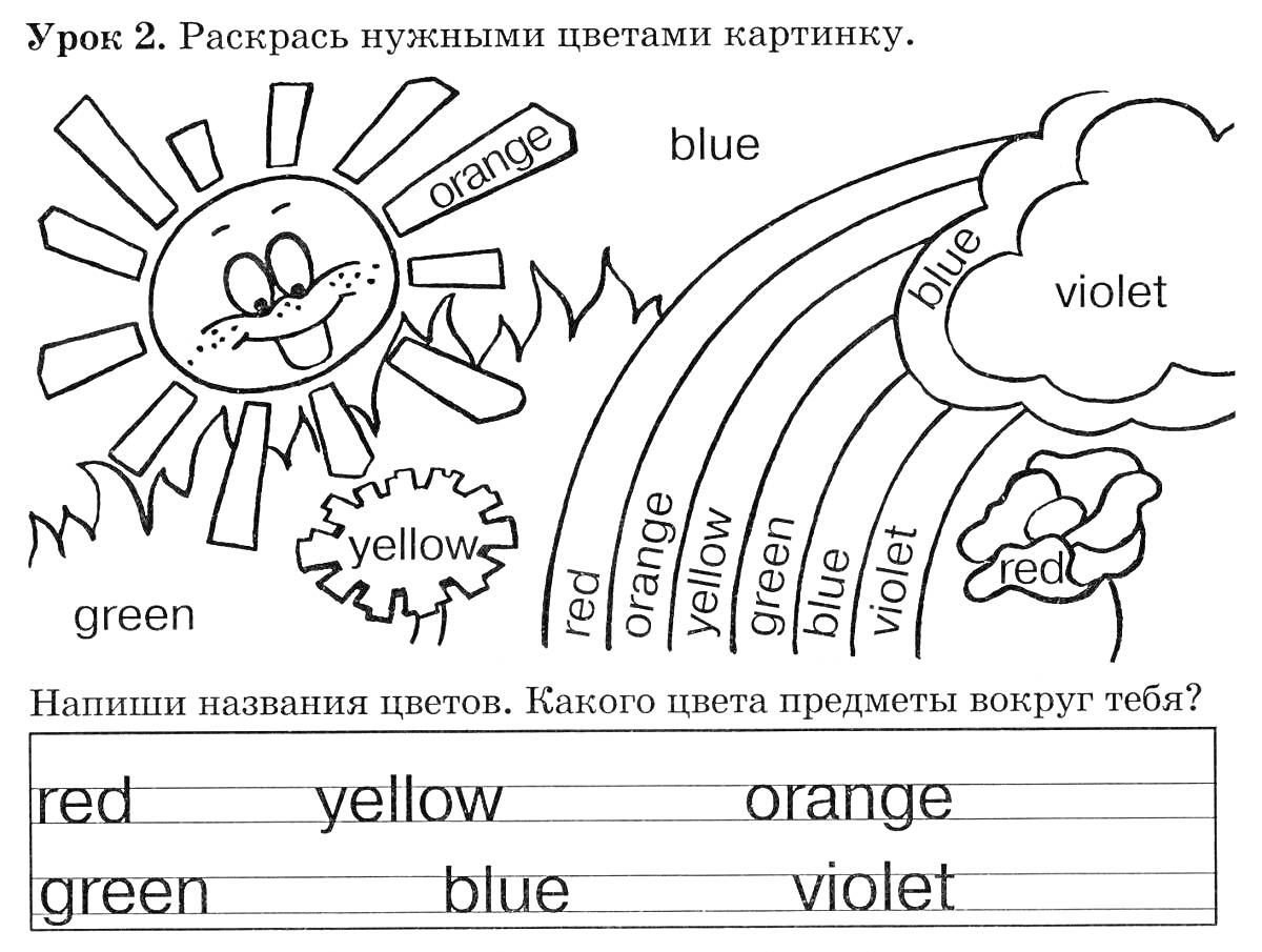 Раскраска Солнце, облака, радуга и названия цветов (красный, желтый, оранжевый, зеленый, синий и фиолетовый) на английском языке
