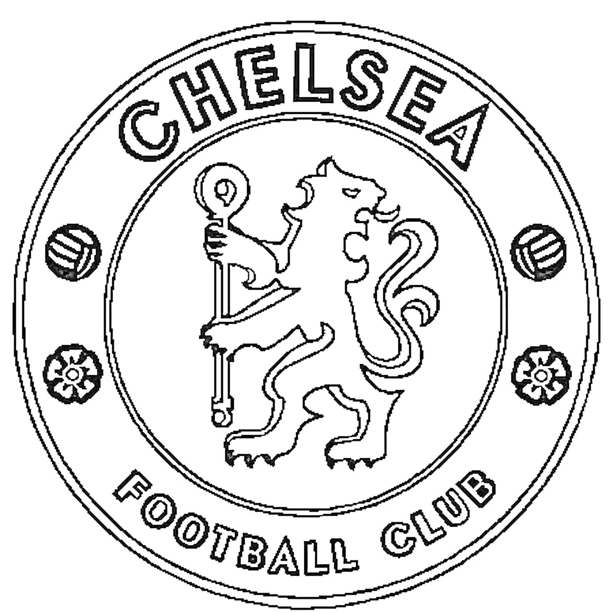 Раскраска Эмблема с надписями CHELSEA и FOOTBALL CLUB, изображением льва с посохом в центре, двумя футбольными мячами и двумя цветами