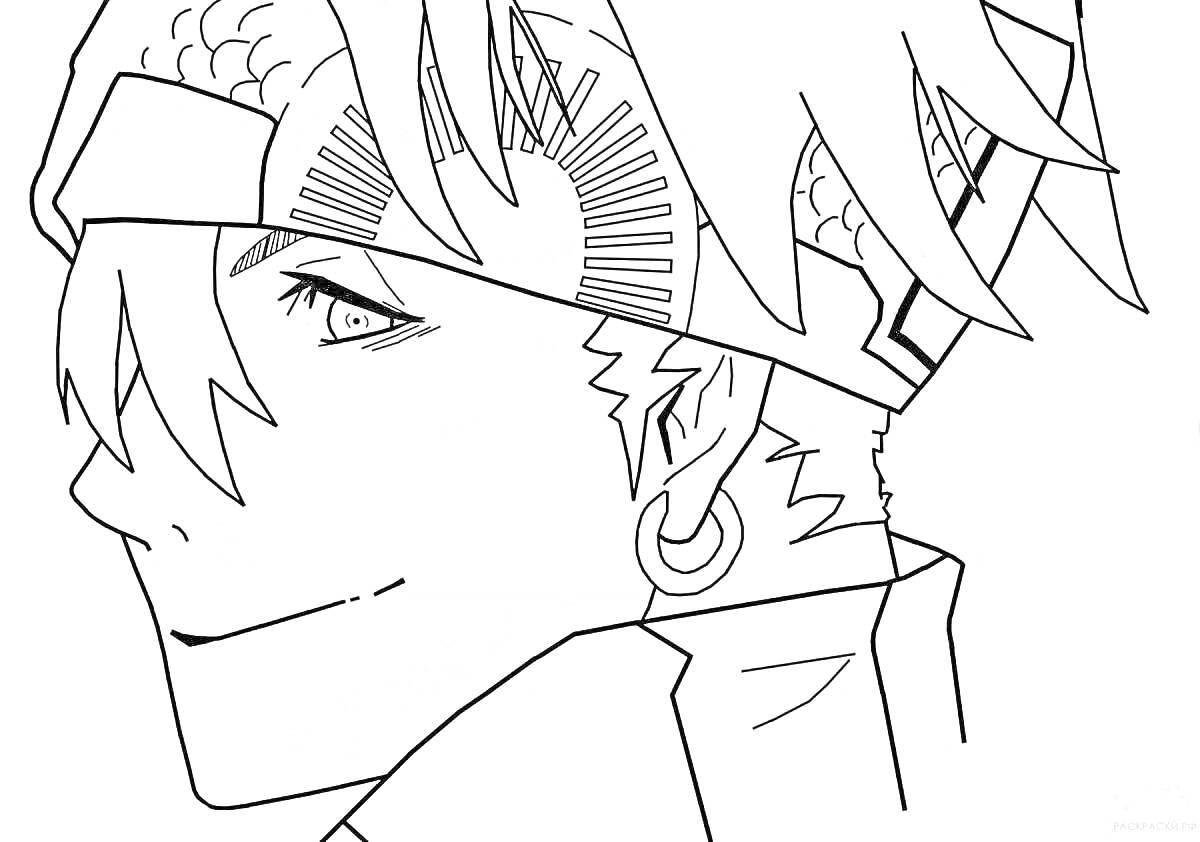 Аниме мальчик с сережкой и повязкой на голове, профиль с прищуренным глазом