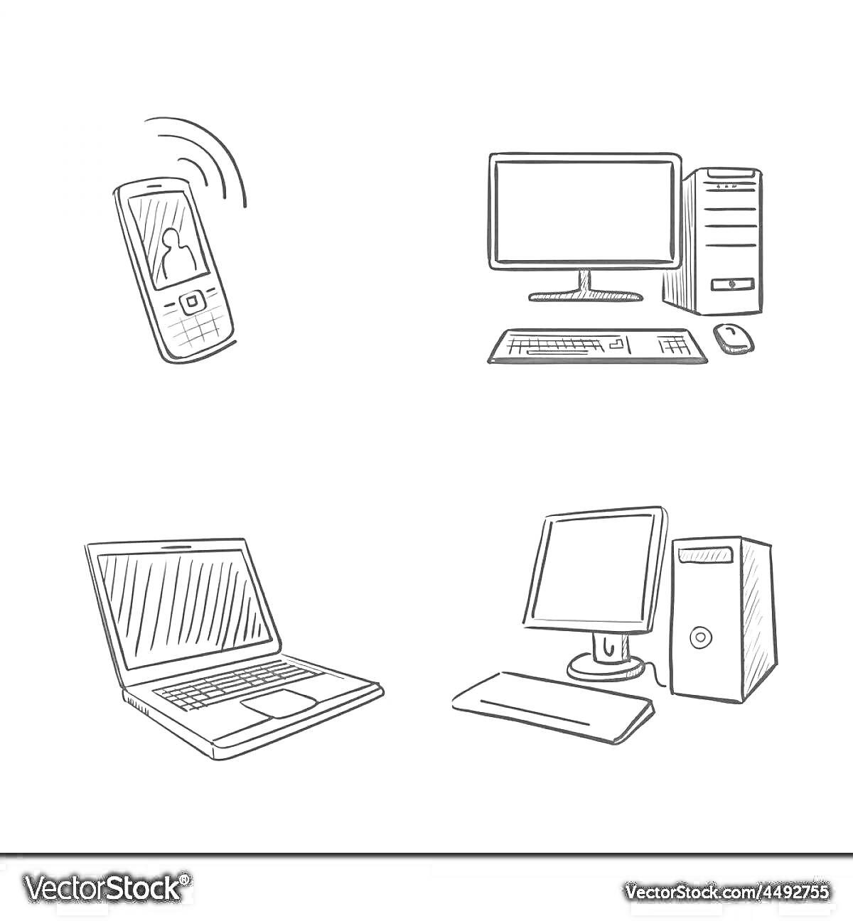 Раскраска мобильный телефон, настольный компьютер с клавиатурой, мышью и монитором, ноутбук, настольный компьютер с клавиатурой и монитором.