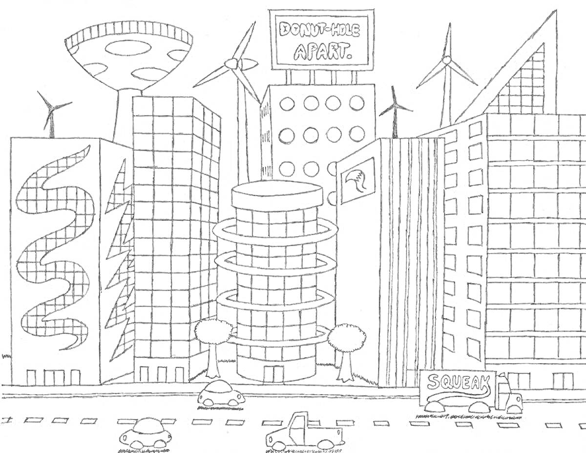 На раскраске изображено: Будущее, Небоскрёбы, Летающие тарелки, Архитектура, Футуризм, Авто, Высокие здания, Города, Улицы