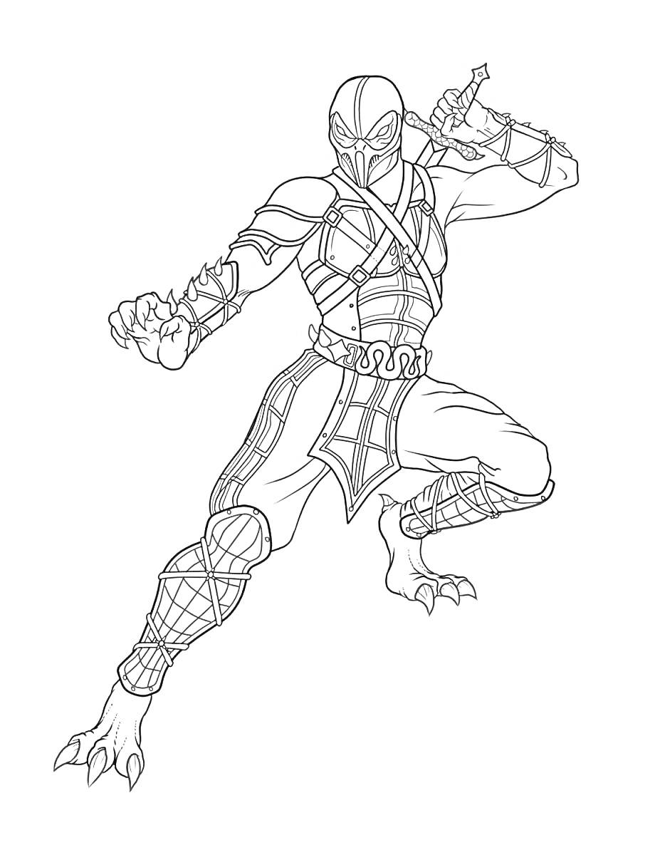 Раскраска Воин из Mortal Kombat в боевой стойке с мечом в руке
