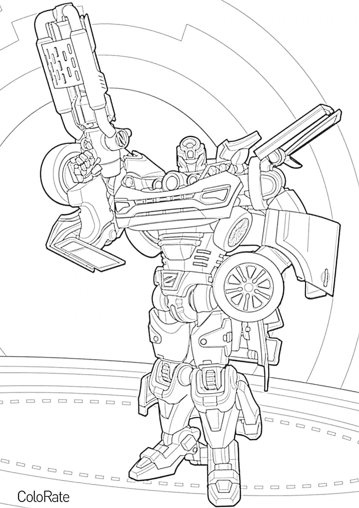 На раскраске изображено: Робот, Оружие, Роботизированный, Трансформация