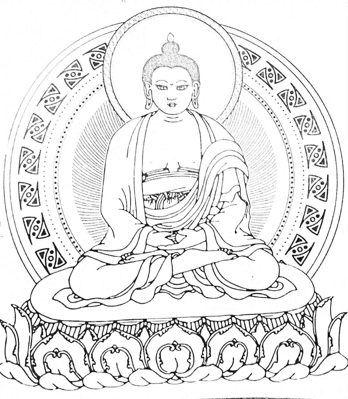 На раскраске изображено: Буддизм, Будда, Поза лотоса, Нимб, Узоры, Трон, Лотос, Медитация