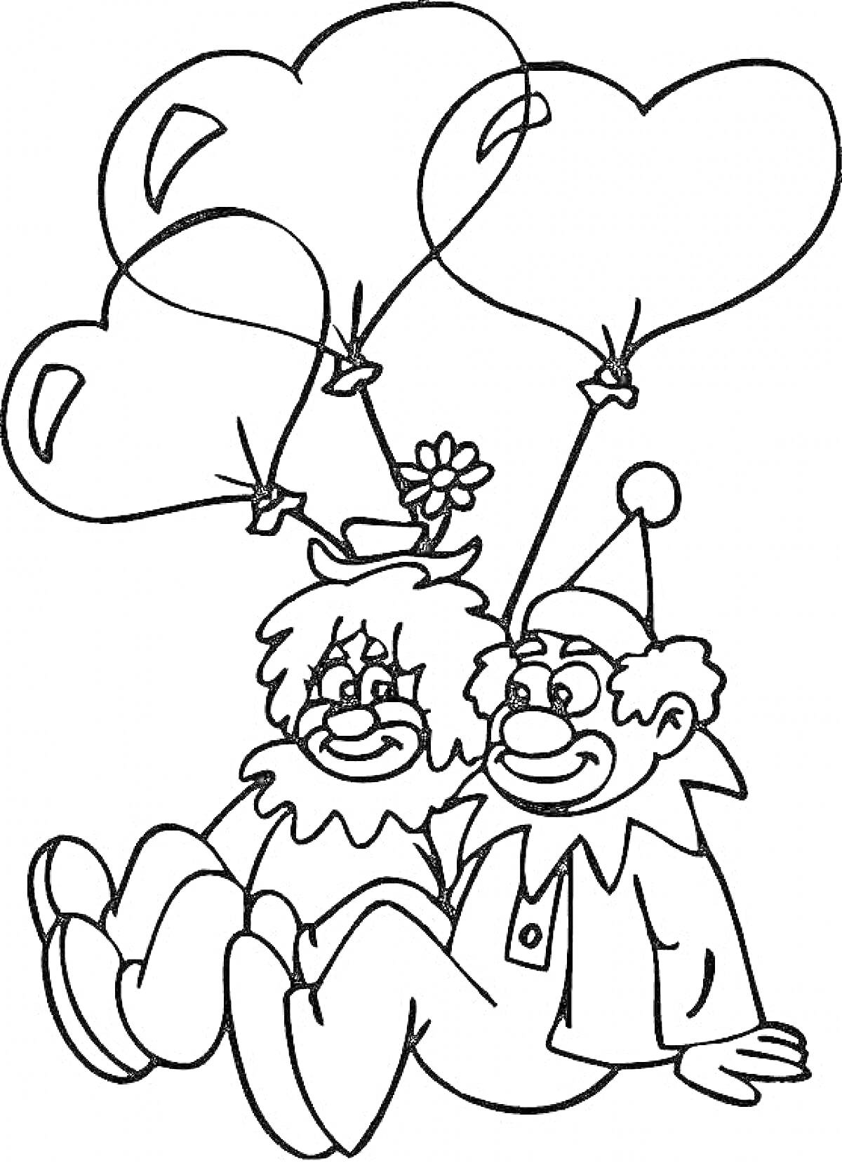 Раскраска Два клоуна с воздушными шарами в форме сердца