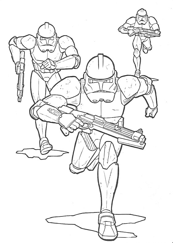 Раскраска Трое воинов в броне с оружием, бегущие вперёд