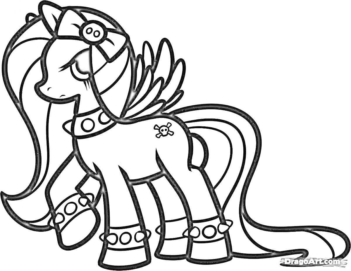 Раскраска Пони с длинными волосами, крыльями, бантиком и ожерельем
