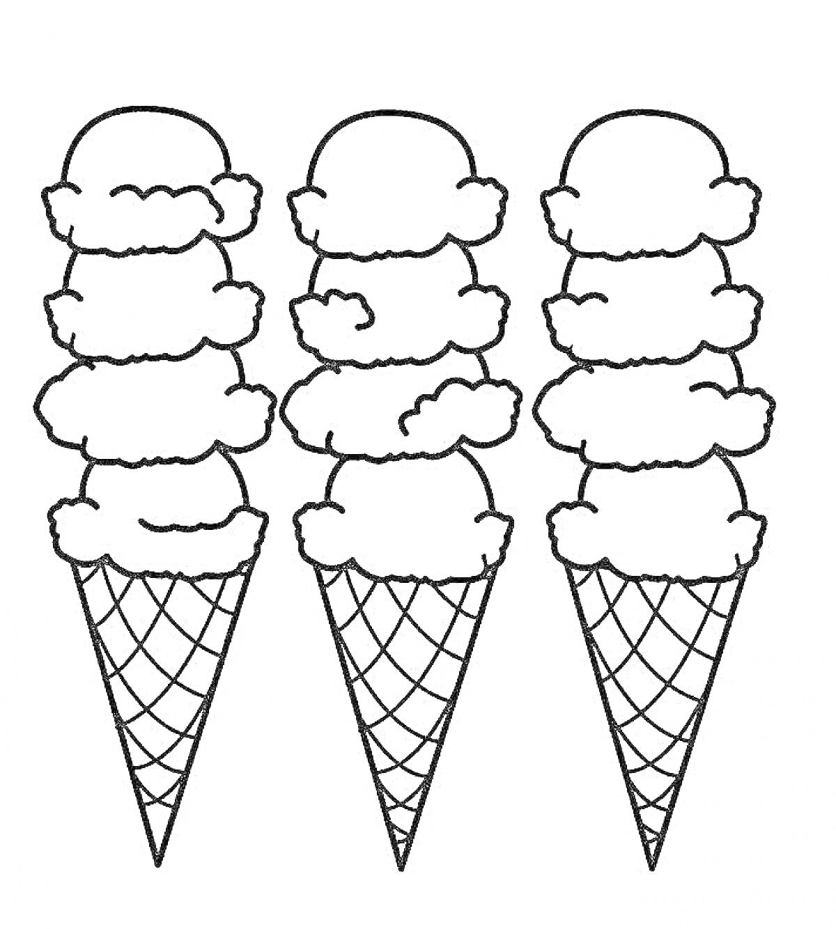 Раскраска Три мороженых с вафельными рожками и тремя слоями шариков каждого