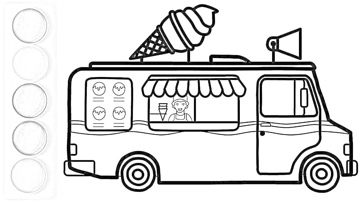 Мороженщик в фургоне с изображением мороженого, фургон с окошком и продавцом внутри, громкоговоритель, украшение в виде вафельного рожка на крыше, баночки мороженого в витрине