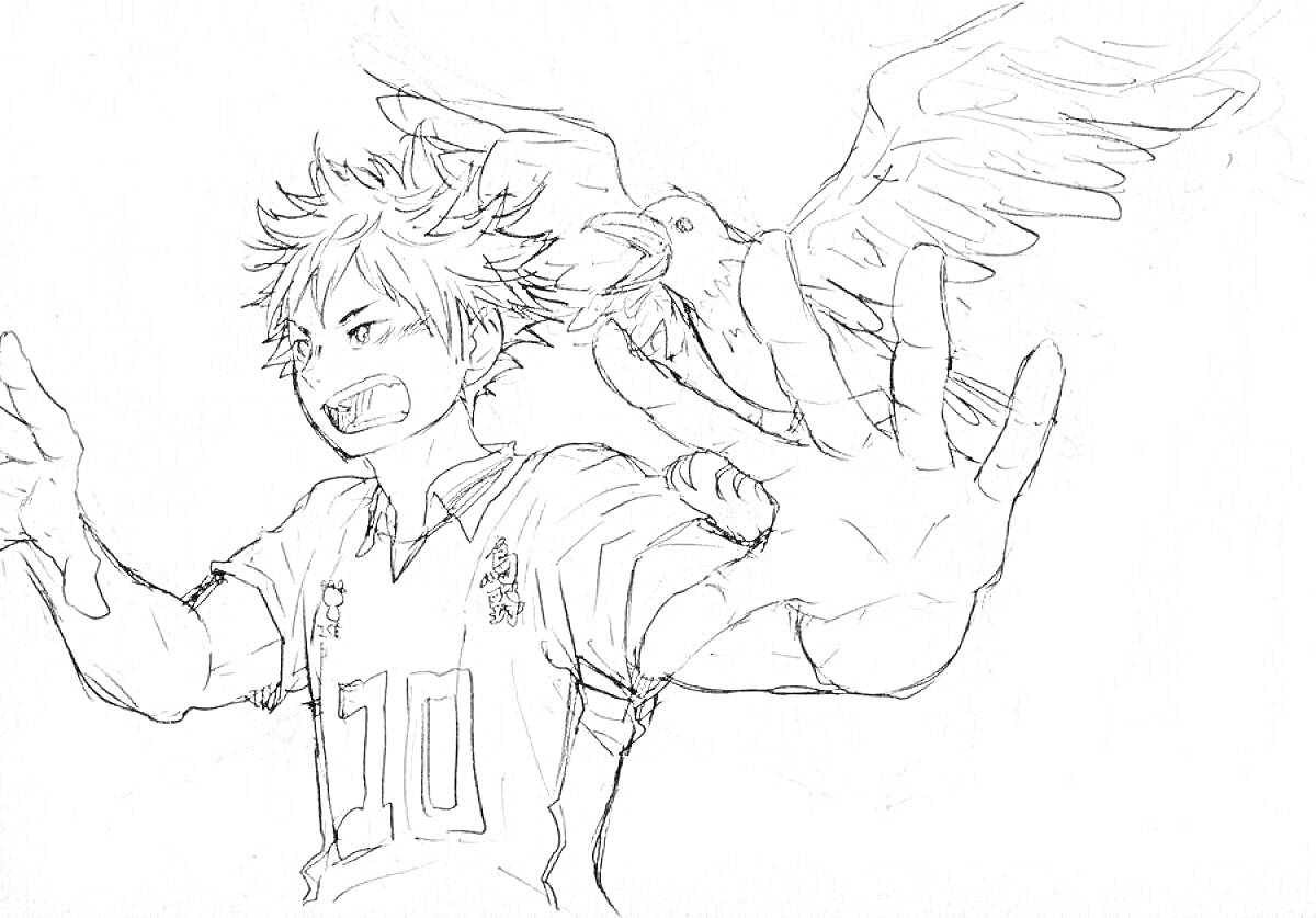 Раскраска Волейболист в аниме-стиле с номером 10 на футболке и летящей птицей на фоне