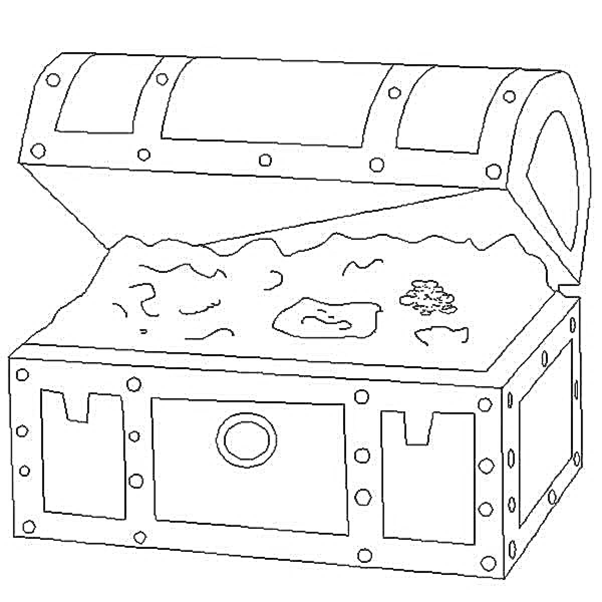 Раскраска сундук с сокровищами, украшениями и монетами