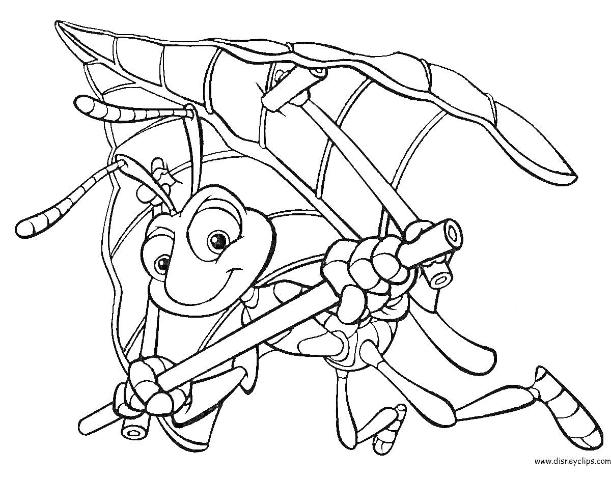 Раскраска Муравьишка летит на импровизированном планере