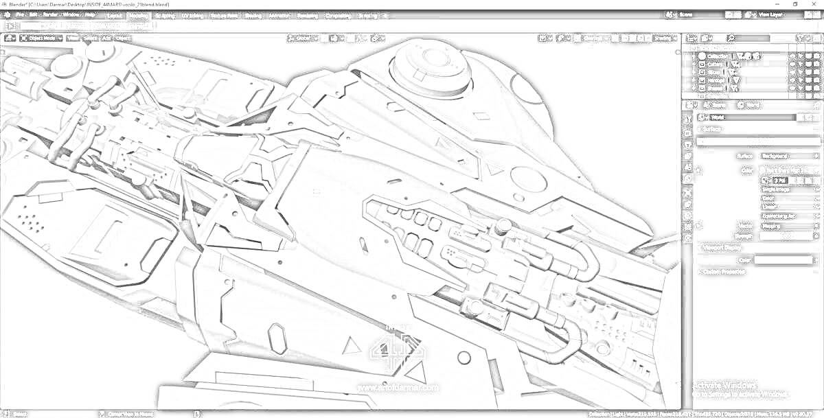 Раскраска 3D модель космического корабля в Blender, панели инструментов и слоев справа