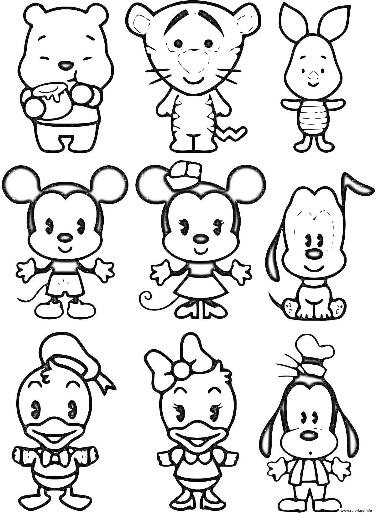 Раскраска Мини персонажи для наклеек - Мишка с вазой меда, Тигр, Кролик, Мышонок мальчик, Мышонок девочка, Собака, Утенок мальчик, Утенок девочка, Собака с длинными ушами