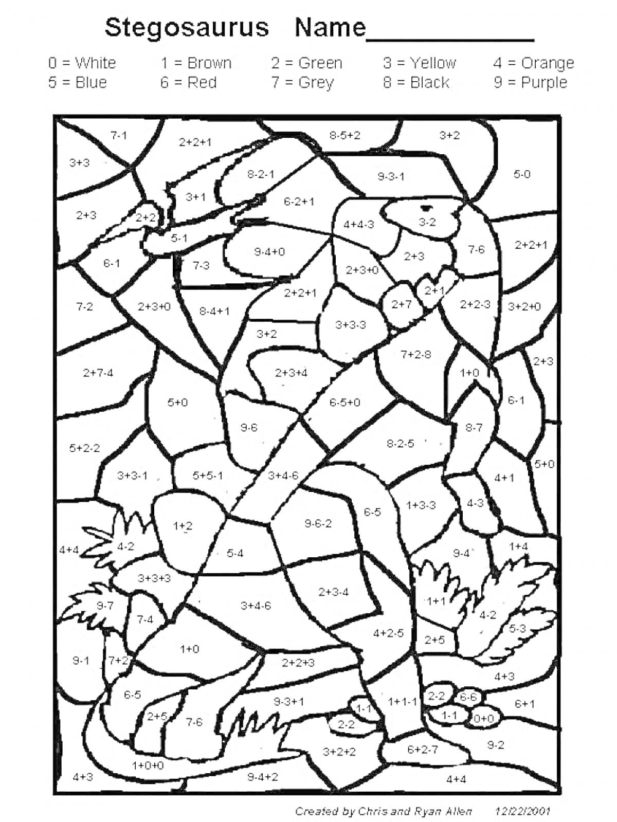 Раскраска Стегозавр - раскраска по номерам с примерами сложения для 2 класса