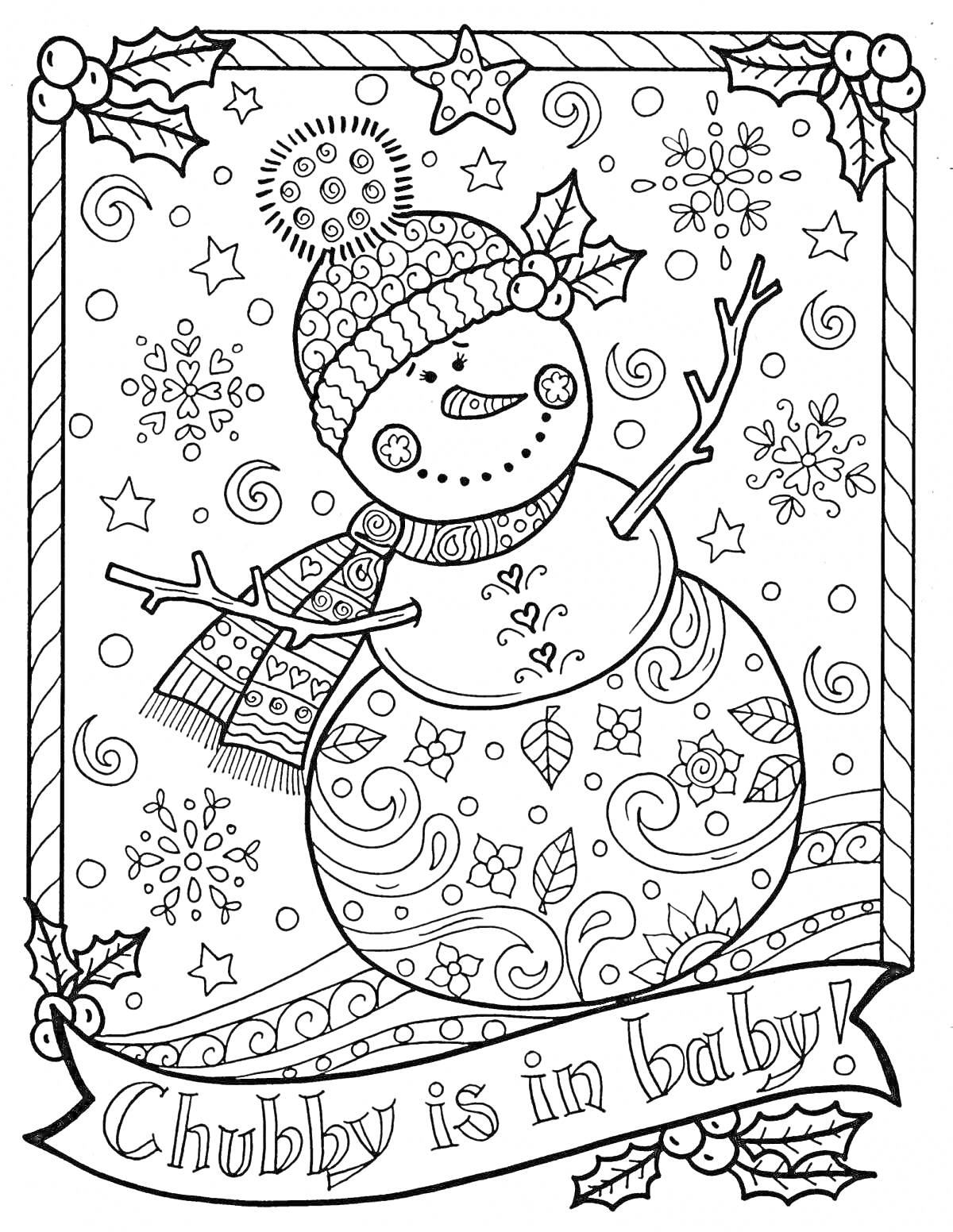 Раскраска Снеговик в шапке и шарфе среди снежинок с надписью 