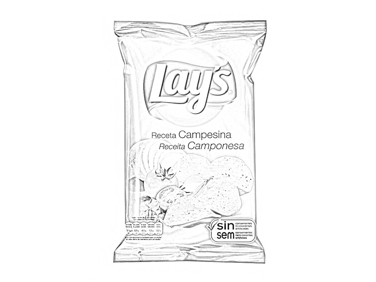 Раскраска Упаковка чипсов Lay's Сметана и зелень с изображением чипсов и зелени