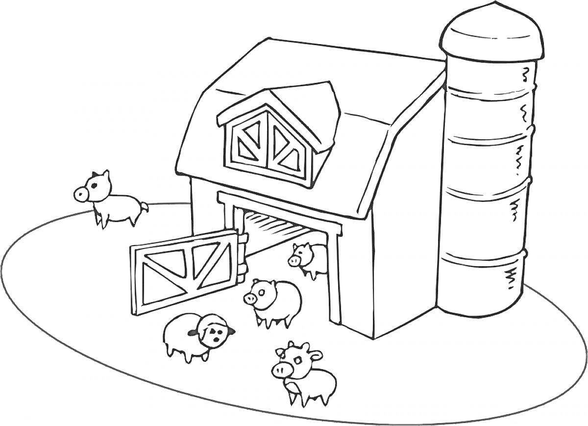 На раскраске изображено: Ферма, Амбар, Поросята, Домашние животные, Сельское хозяйство, Корова, Овечки
