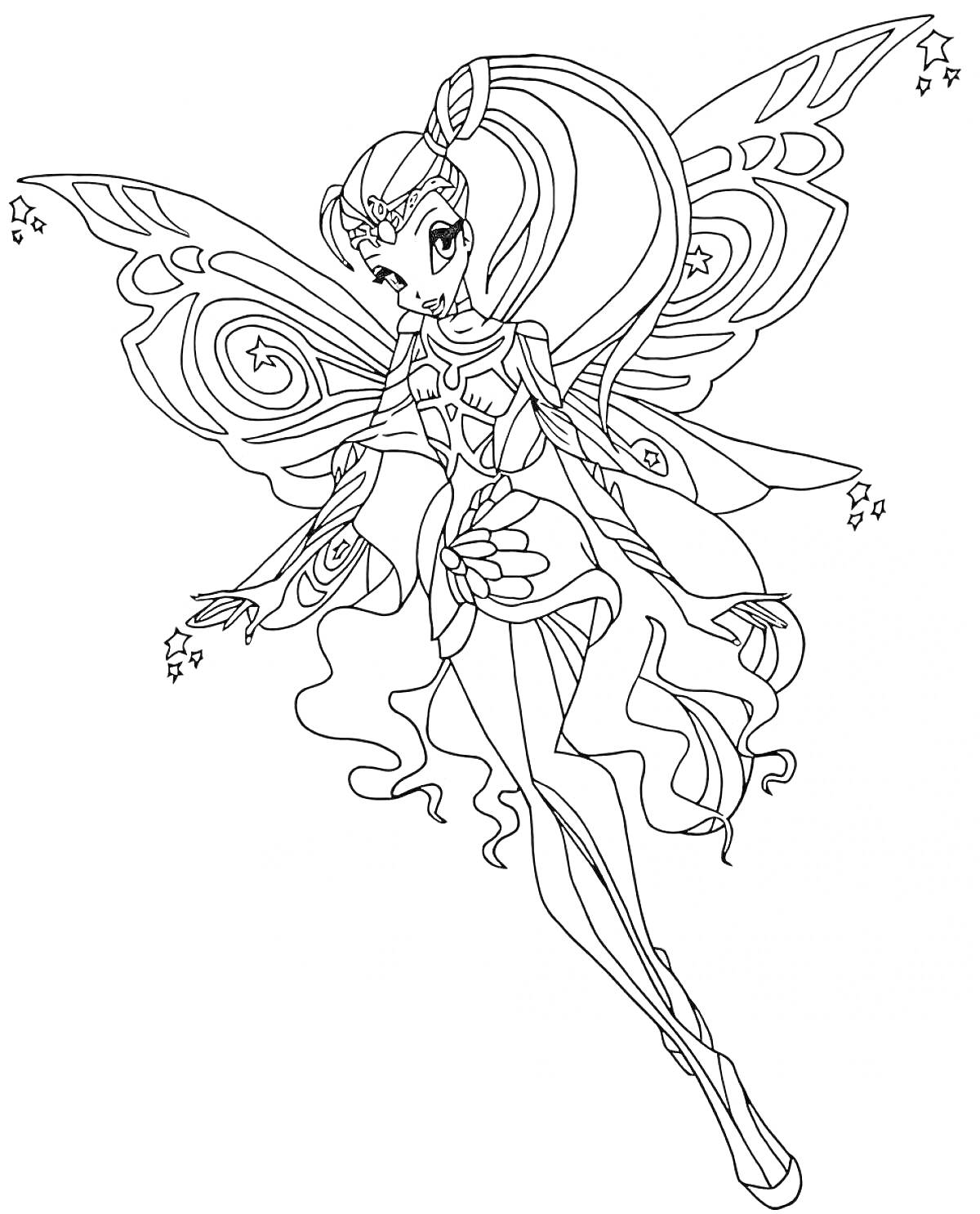 Раскраска Фея Винкс с крыльями, в платье с узорами, с длинными волосами и магическими элементами