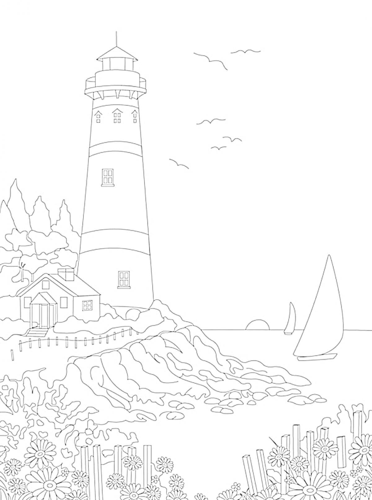 Раскраска Маяк на берегу с домом, парусным кораблем в море, птицами в небе и цветами на переднем плане