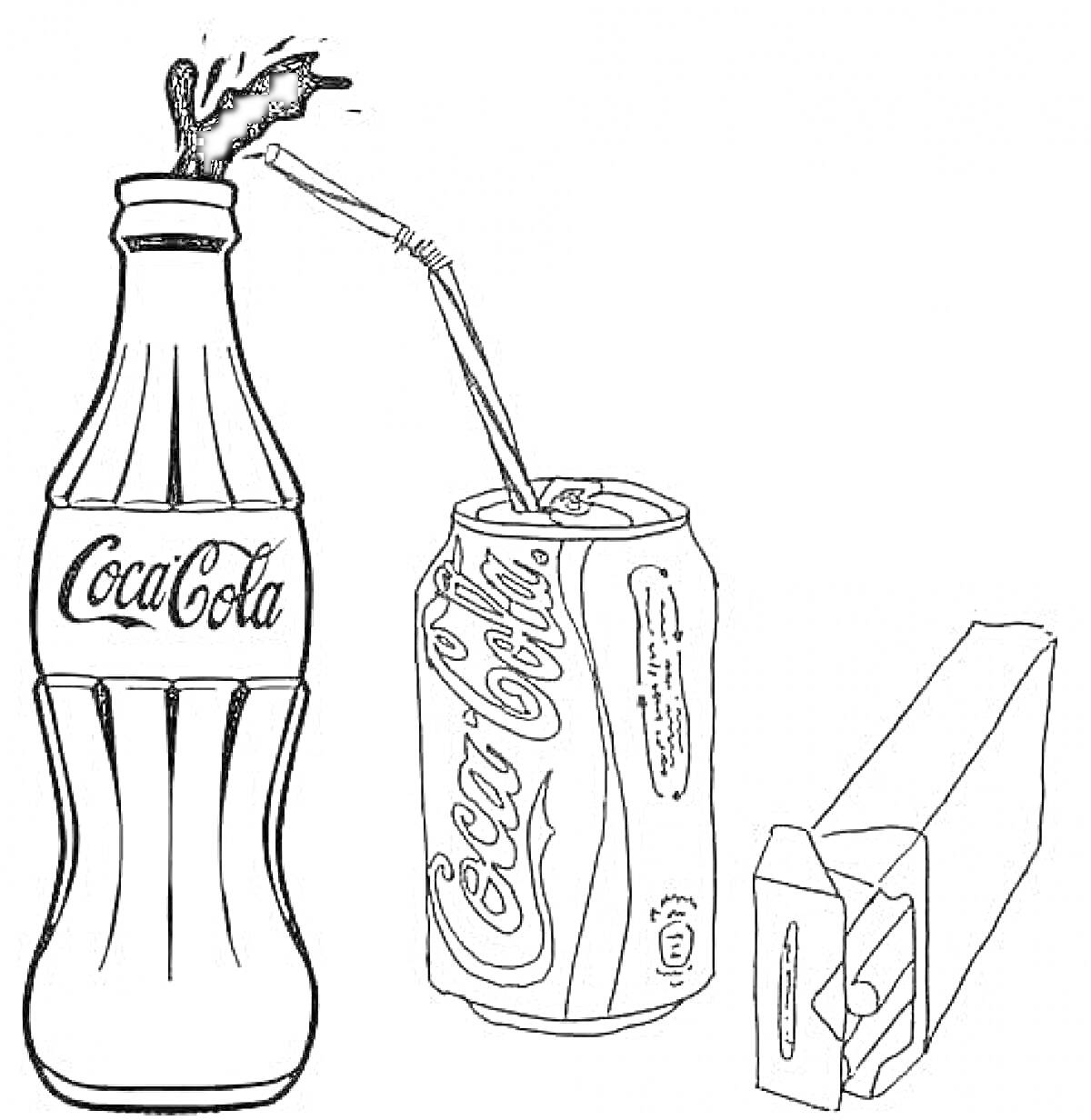 Раскраска Бутылка Кока Колы, банка Кока Колы с соломинкой и пачка сигарет