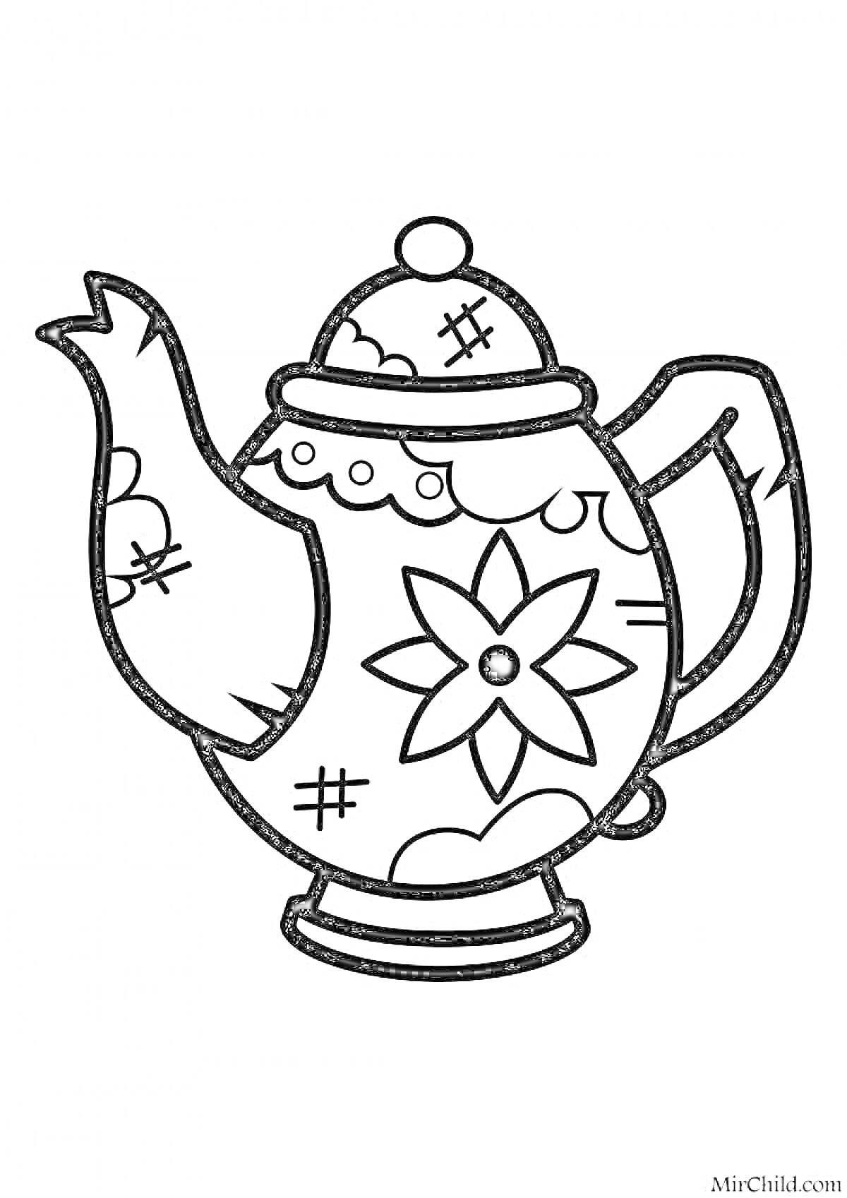 Раскраска Чайник с цветочным узором и декоративными элементами