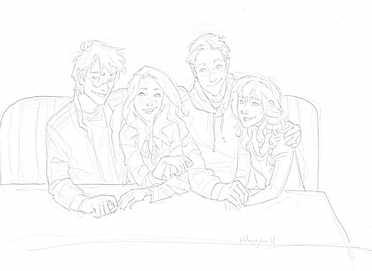 Раскраска Гарри Поттер, Гермиона и Рон сидят за столом